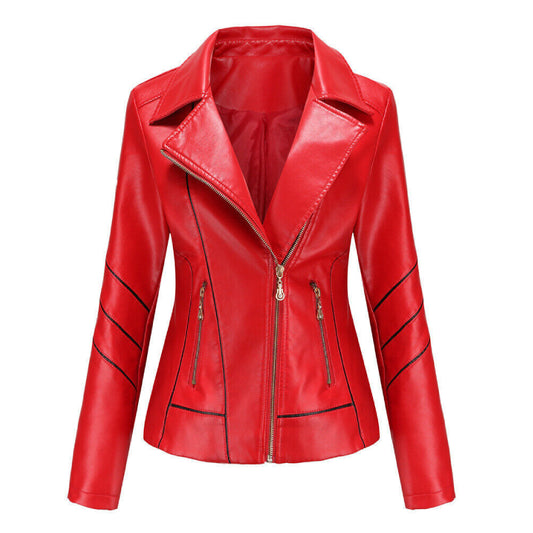 Leather Jacket Women Red Biker Moto