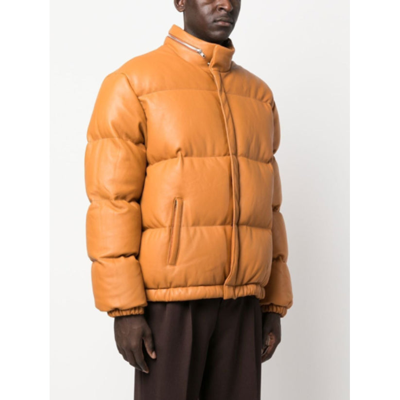 Leather Puffer Jacket Dark Camel Mens