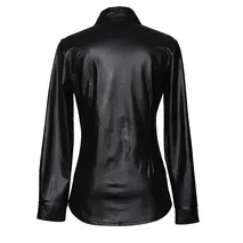 Leather Tees Women Sexy Long Sleeves Buttons Womens