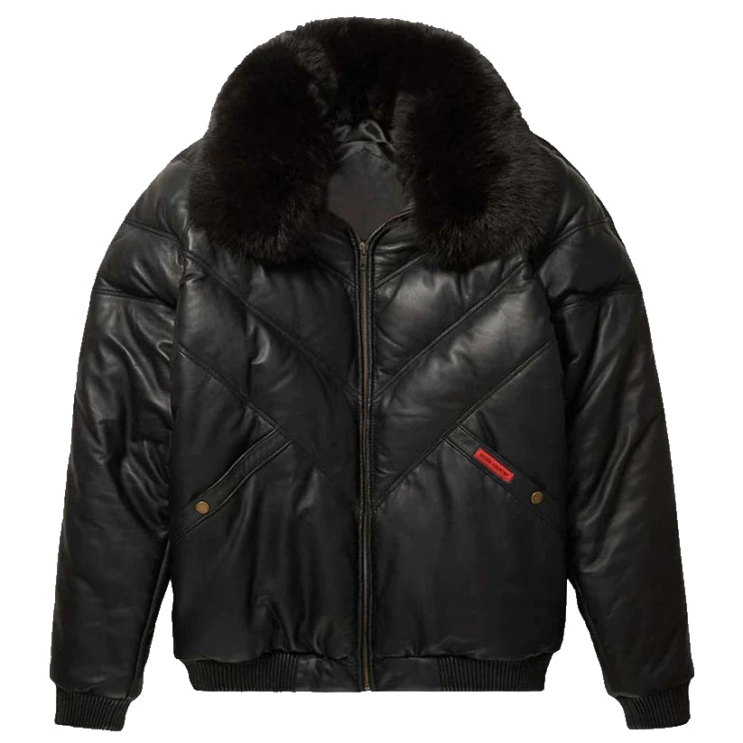 Leather V-Bomber Jacket Black with Black Fox Fur