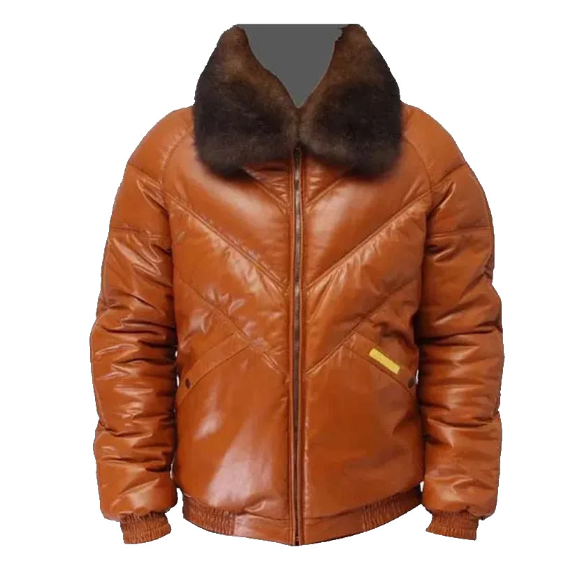 Leather V-Bomber Jacket Red White Blue With White Fox Fur