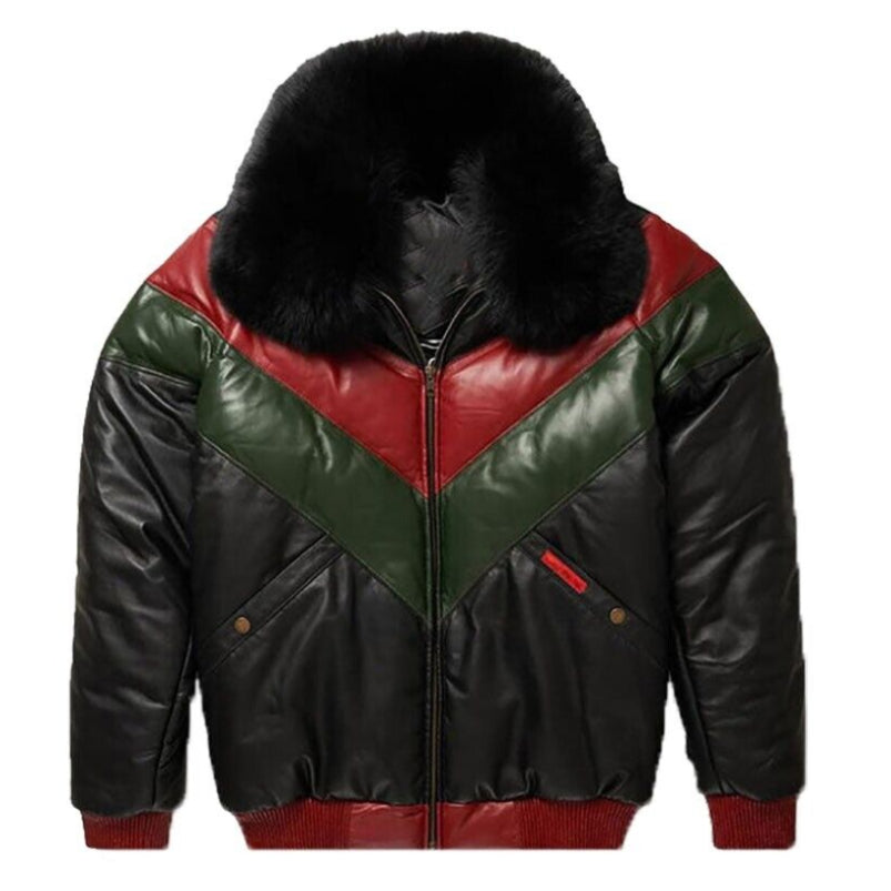 Leather V Bomber Fur Collar Jacket Red Green Black with Black Fox Fur