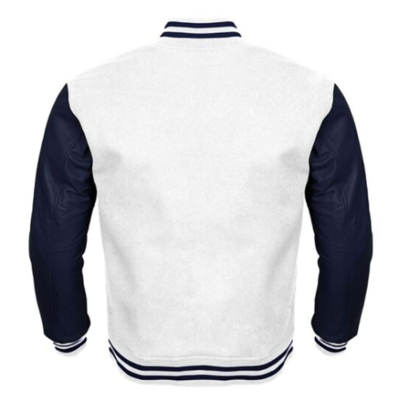 Letterman Baseball White Body and Navy Blue Leather Sleeves Varsity Jacket