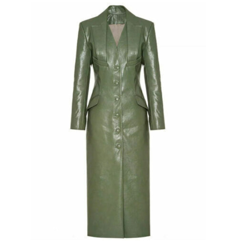 Luxury Women's Green Leather Trench Coat Pure Sheepskin Leather Long Coat