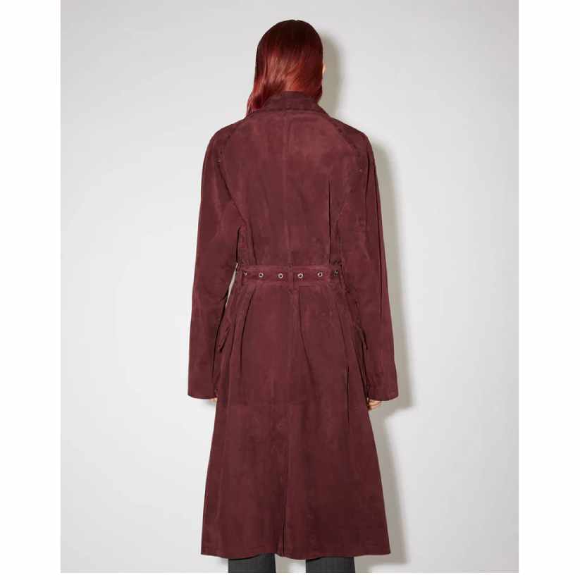 Maroon Suede Leather Long Trench Coat