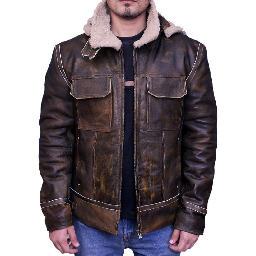 Men Aviator Leather Bomber Jacket Brown