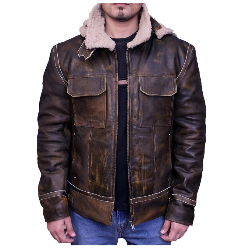 Men Aviator Leather Bomber Jacket with Fur Hood Brown