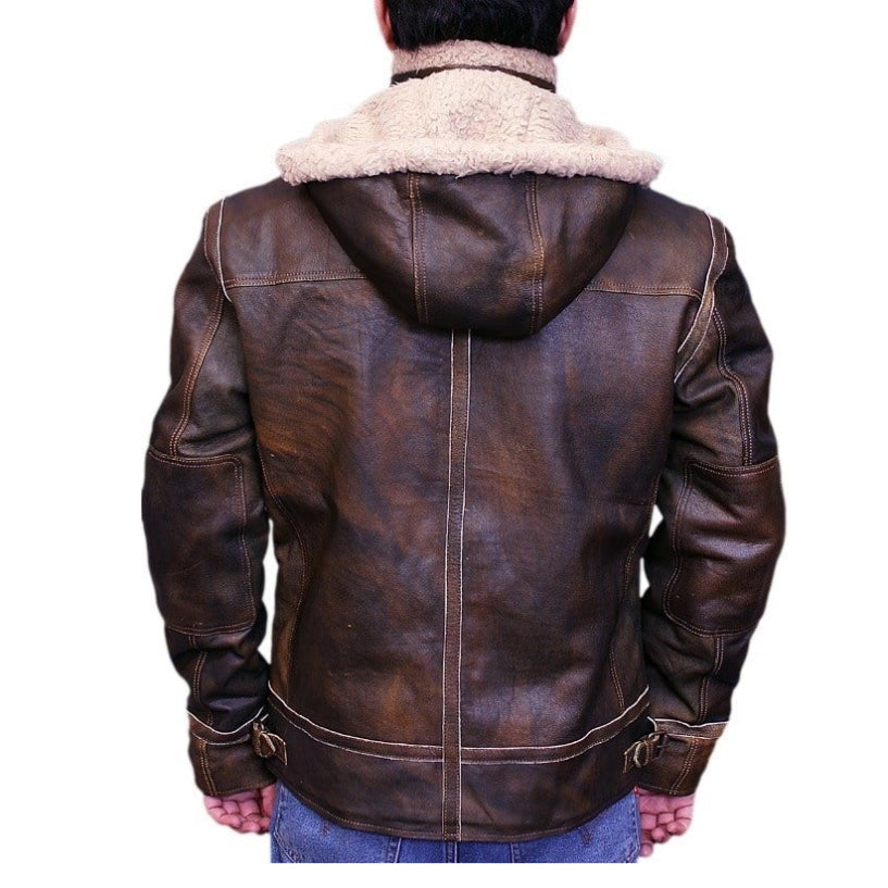 Men Aviator Leather Bomber Jacket with Fur Hood Brown