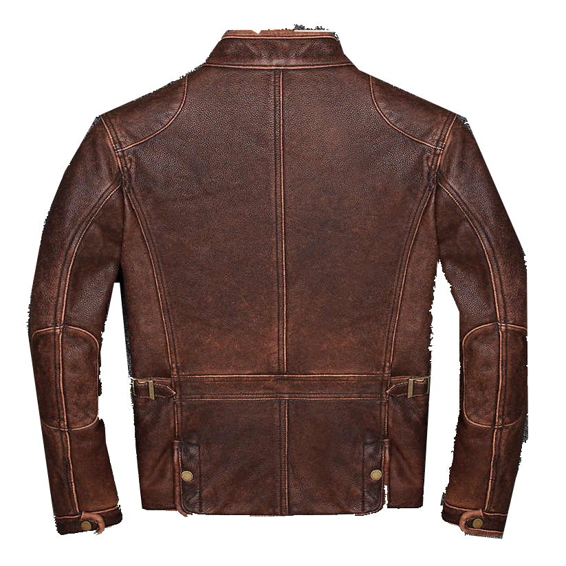 Men Biker Cafe Racer Vintage Motorcycle Distressed Brown 4 Pocket Leather Jacket