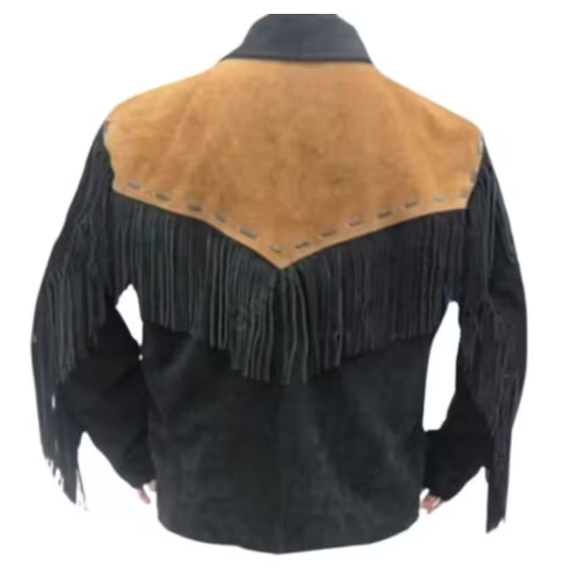 Men Black Handmade Suede Western Cowboy Leather Jacket With Fringes