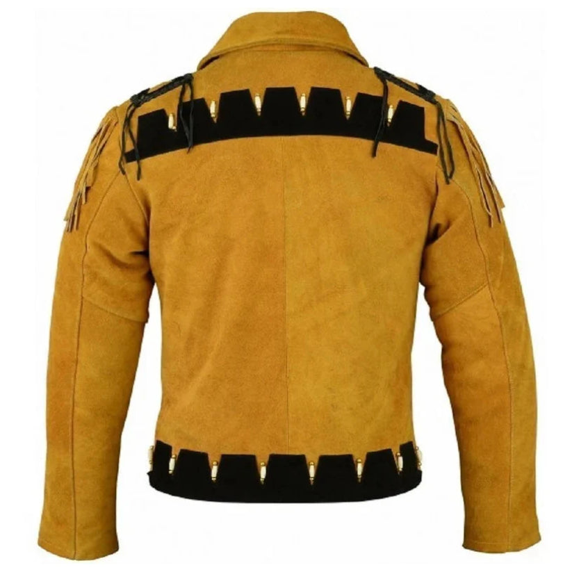 Men Brown American Native Western Cowboy Real Leather Jacket Fringes