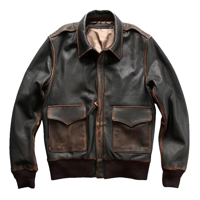 Men Brown Bomber Aviator Distressed Military Jacket