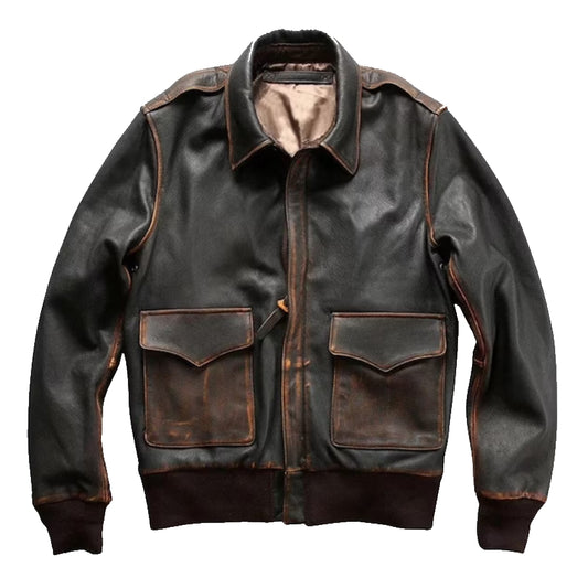 Men Brown Bomber Aviator Distressed Military Jacket
