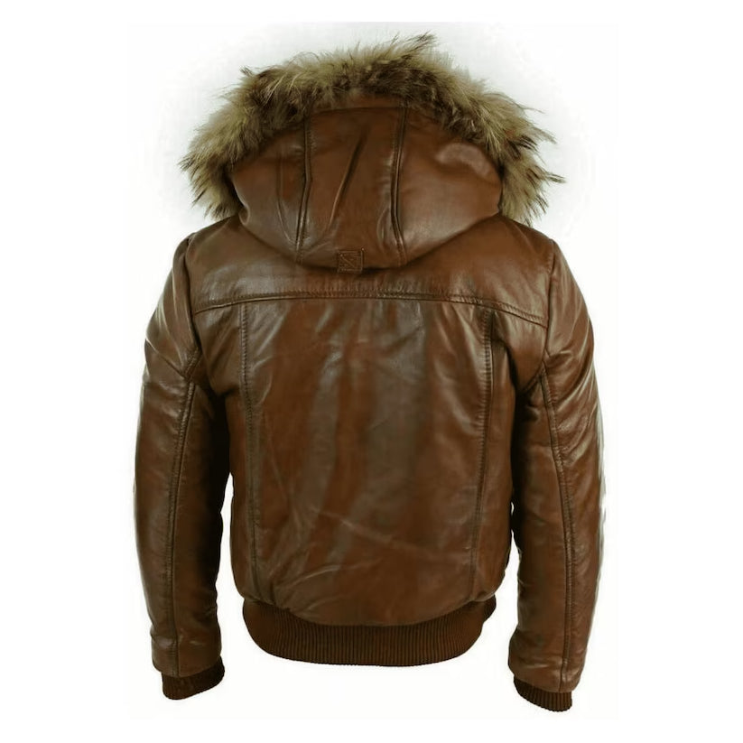 Men Brown Bomber Leather Hooded Jacket