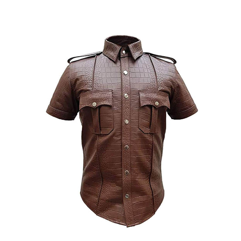 Men Brown Leather Police Uniform Style Shirt