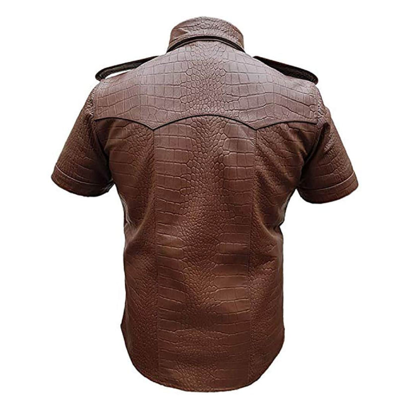Men Brown Leather Police Uniform Style Shirt