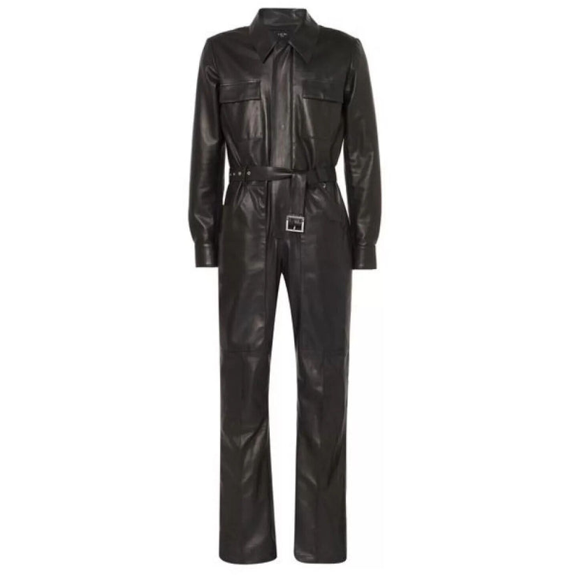 Men Genuine Soft Leather Catsuit Full Zipper Overall Bodysuit Jumpsuit Black