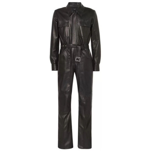 Men Genuine Soft Leather Catsuit Full Zipper Overall Bodysuit Jumpsuit Black