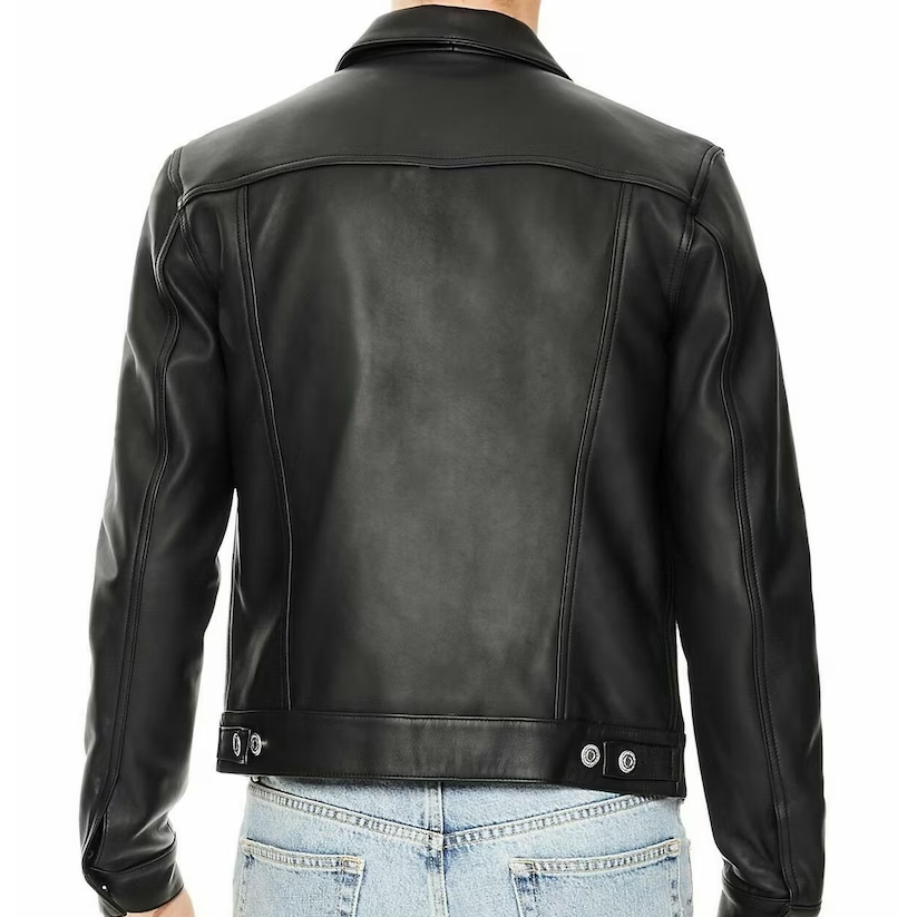 Men Leather Trucker Jacket, Men's Black Lambskin