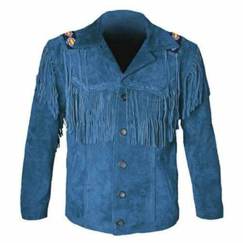 Men Native American Cowboy Leather Jacket Fringe & Beads