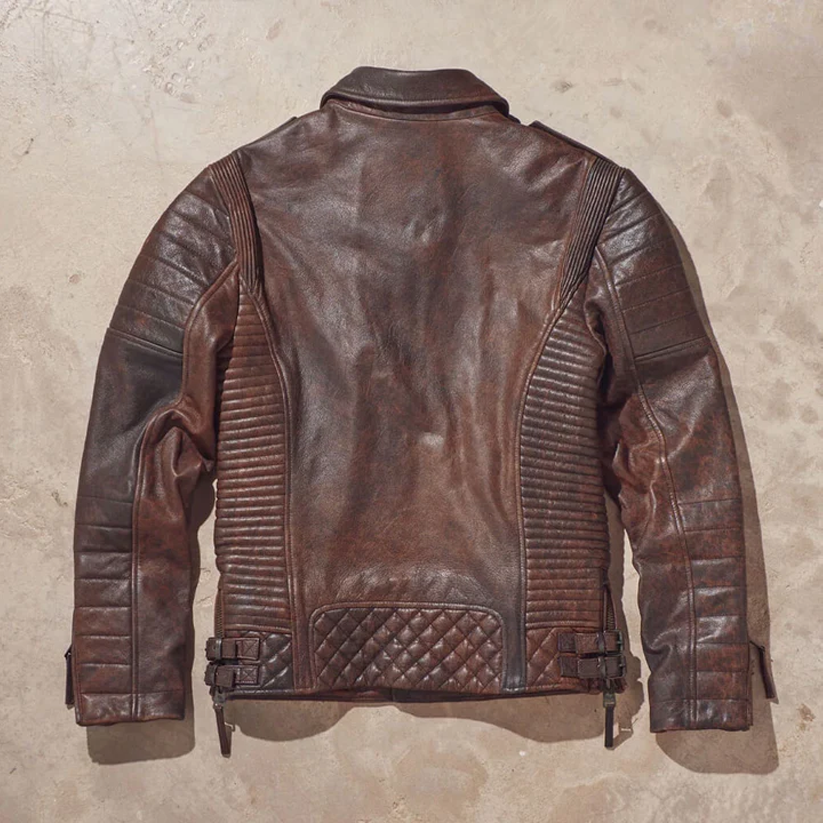 Men Red Waxed Biker Leather Motorcycle Jacket