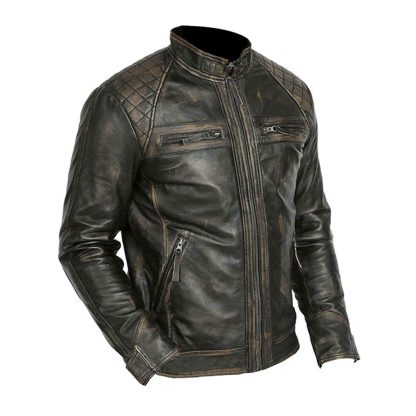 Men Vintage Distressed Black Biker Retro Motorcycle Cafe Racer Leather Jacket