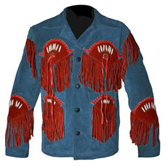 Men Western Cowboy Beaded Blue Leather Jacket