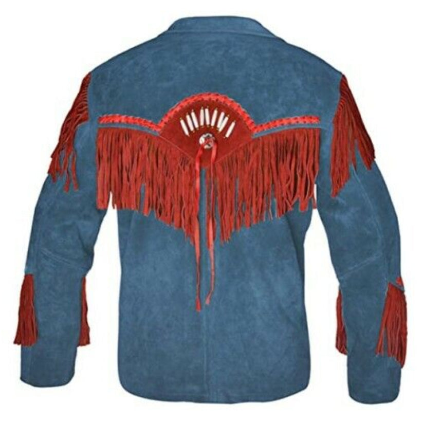 Men Western Cowboy Beaded Blue Leather Jacket