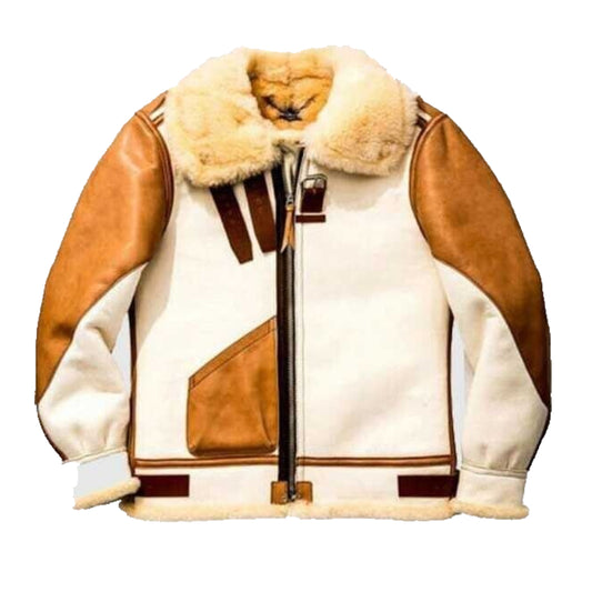 Men's Aviator RAF B3 Flying Bomber Fur Real Lambskin White Leather Jacket Coat