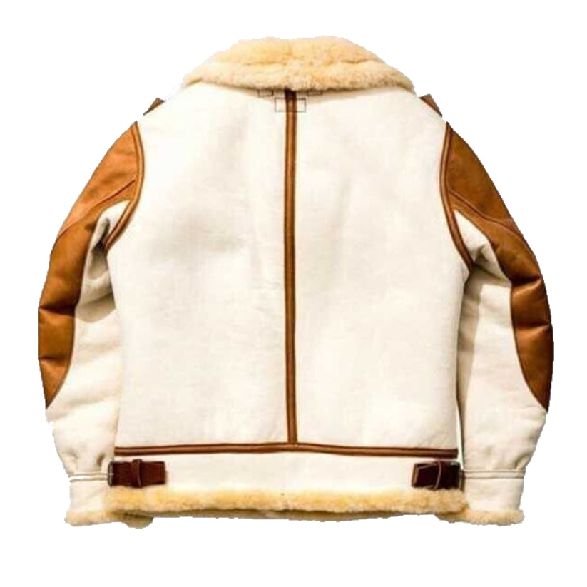Men's Aviator RAF B3 Flying Bomber Fur Real Lambskin White Leather Jacket Coat