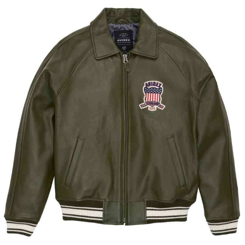 Men's Avirex Green Real Bomber American Flight Leather Jacket