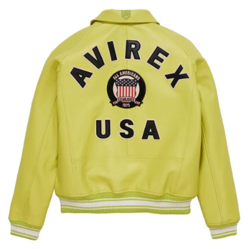 Men's Avirex Light Yellow Real Bomber American Flight Jacket Leather Jacket