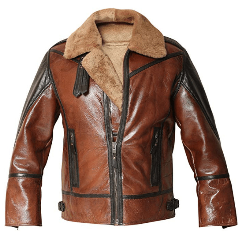 Men’s B3 Distressed Bomber Real Shearling Sheepskin Leather Flight Aviator Jacket