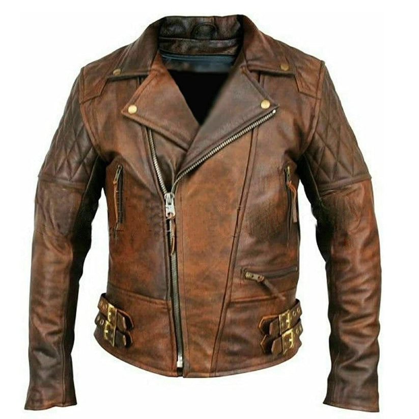 Men's Biker Classic Diamond Motorcycle Brown Distressed Vintage Leather Jacket