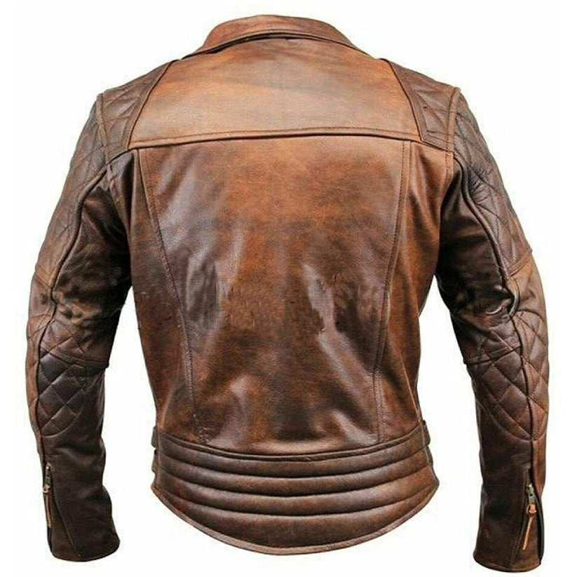 Men's Biker Classic Diamond Motorcycle Brown Distressed Vintage Leather Jacket