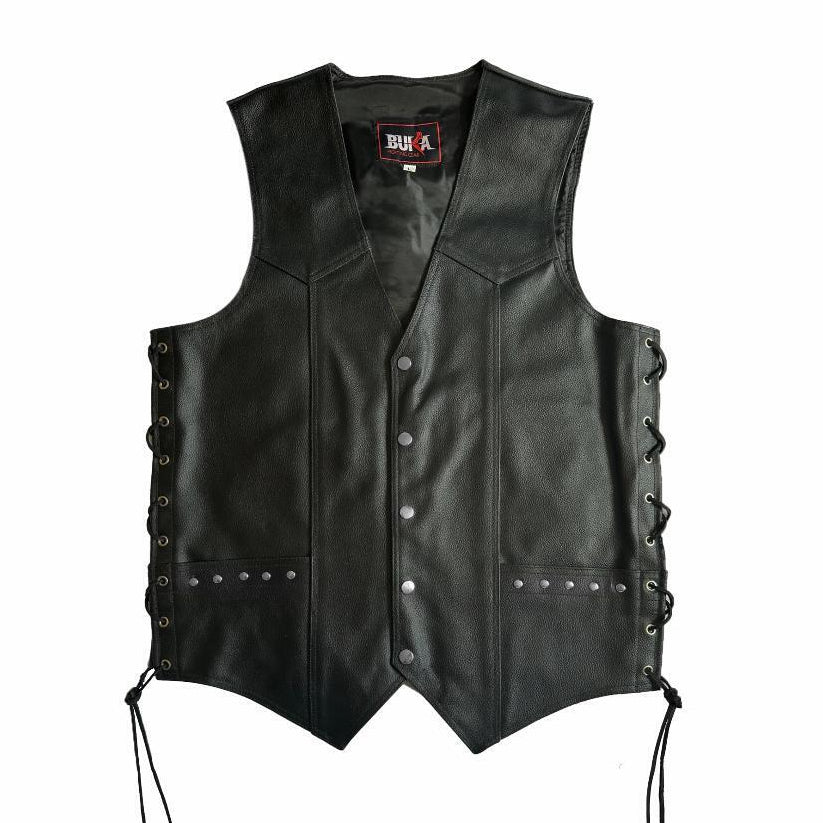 Men's Black Genuine Leather Motorcycle Biker Vest