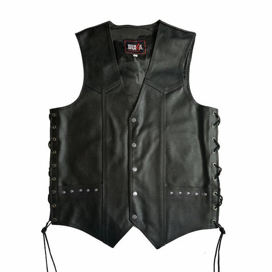 Men's Black Genuine Leather Motorcycle Biker Vest