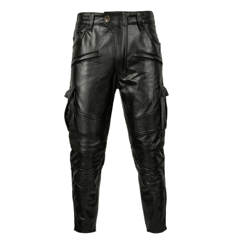 Men's Black Motorcycle Style Real Leather Trousers Cowhide Windproof Biker Pants