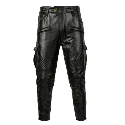 Men's Black Motorcycle Style Real Leather Trousers Cowhide Windproof Biker Pants