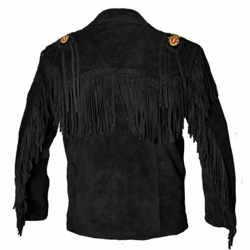Men's Black Western Cowboy Suede Leather Jacket With Fringe & Beads