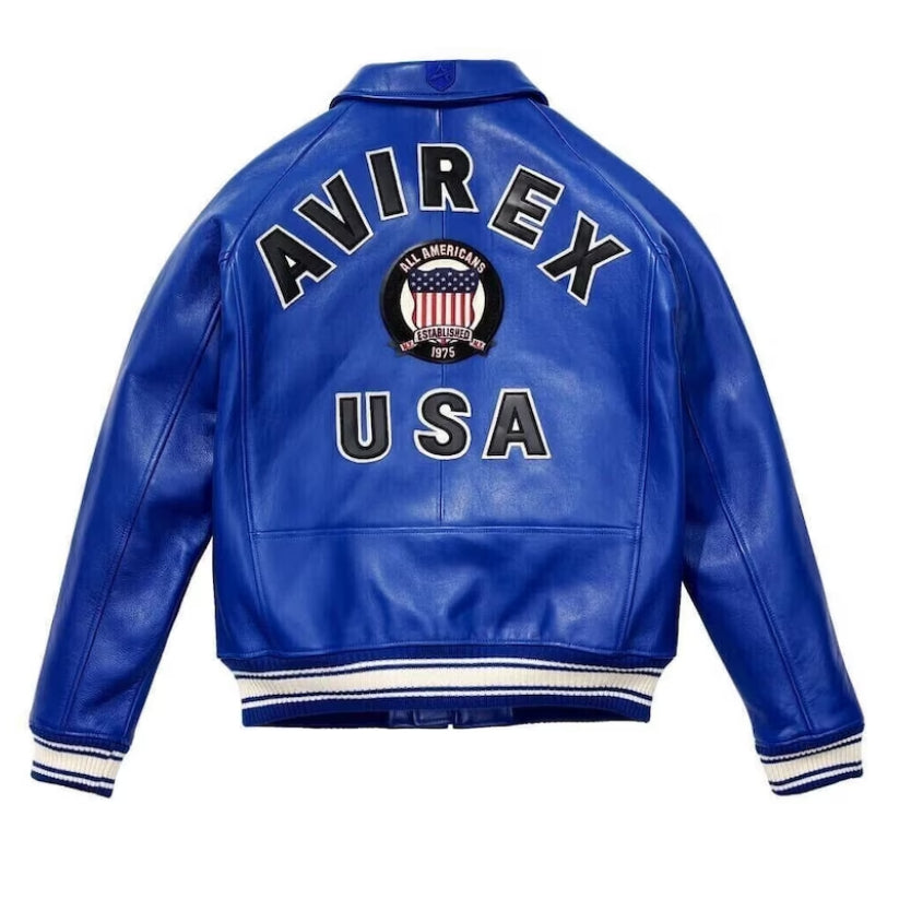 Men's Blue Avirex Real Leather Bomber Jacket