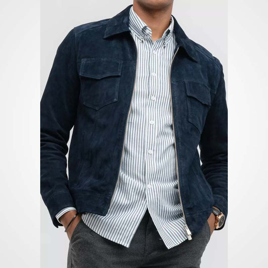 Men’s Blue Suede Leather Café Racer Jacket
