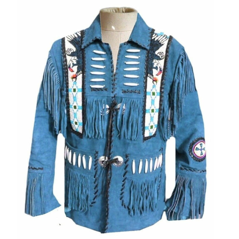 Men's Blue Suede Leather Vintage Jacket Fringed and Eagle Beaded Coat