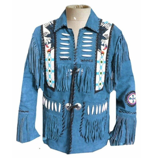 Men's Blue Suede Leather Vintage Jacket Fringed and Eagle Beaded Coat