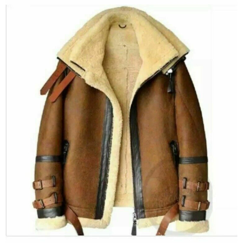 Men's Brown B3 RAF Flight Bomber Aviator Real Sheepskin Shearling Leather Jacket