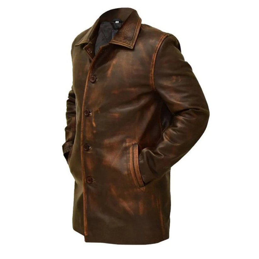 Men's Brown Distressed Leather Trench Coat