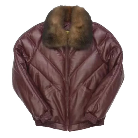 Men's Burgundy V-Bomber Leather Jacket