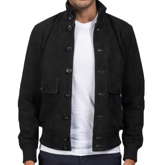 Men’s Classic Black Suede Leather Bomber Jacket