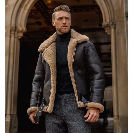 Men's Dark Brown B3 Shearling Aviator Leather Jacket