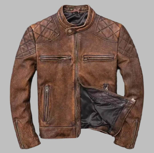 Men’s Distressed Brown Cafe Racer Leather Biker Jacket